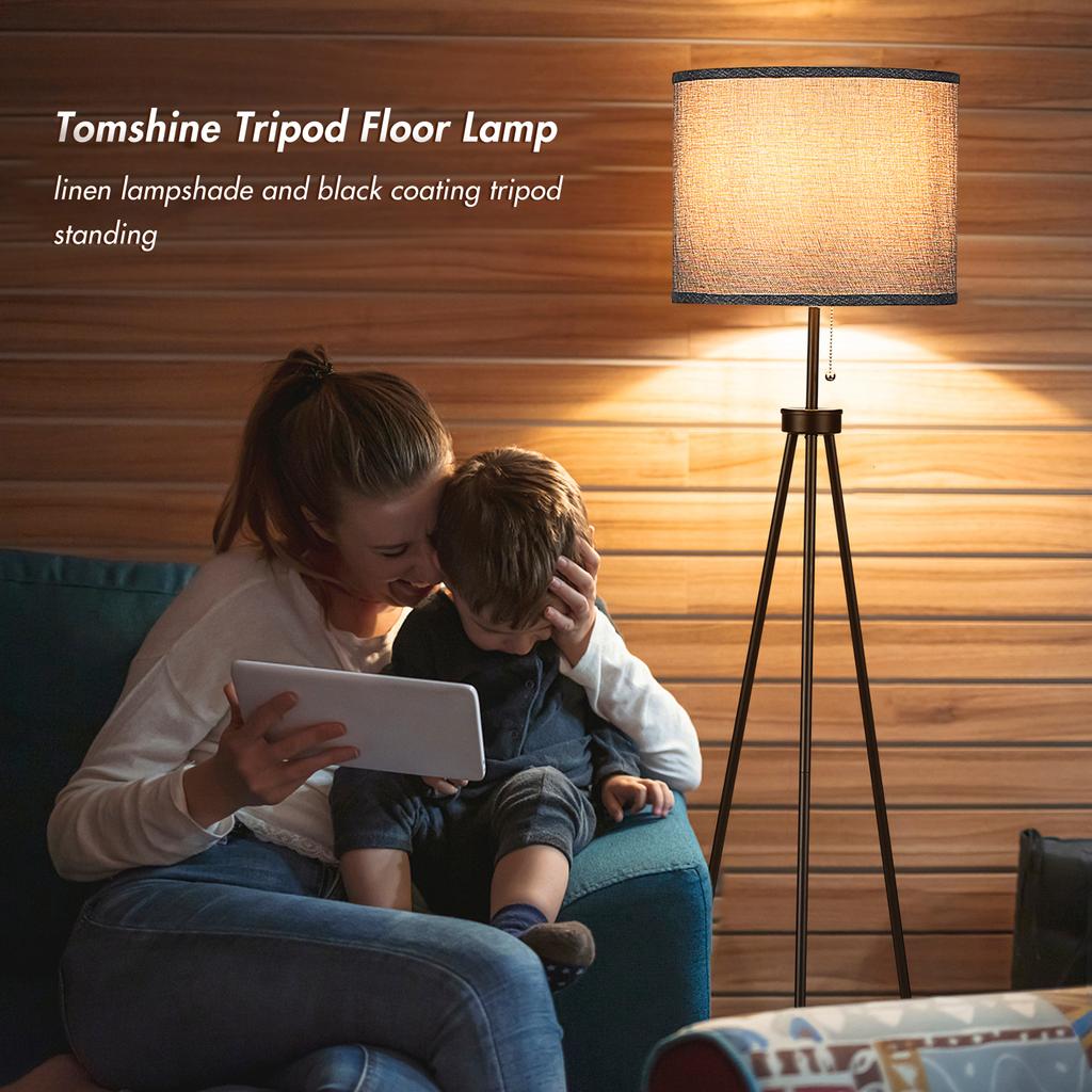Pulling Tripod Floor Lamp Modern Design Standing Light with Linen Lampshade for Living Room Bedroom Study Room