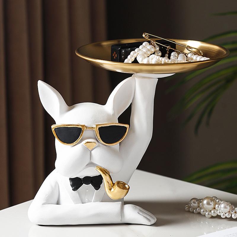 Ornamento Decorativo Bandeja Dupla Bulldog Francês Nórdico - Porta-Chaves para Entrada