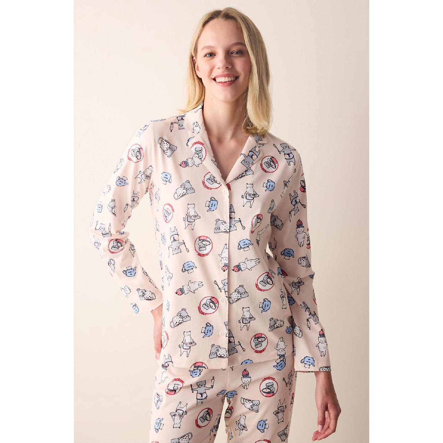 

Cotton Joyful Light Pink Buttoned Shirt Trousers Pajama Set L