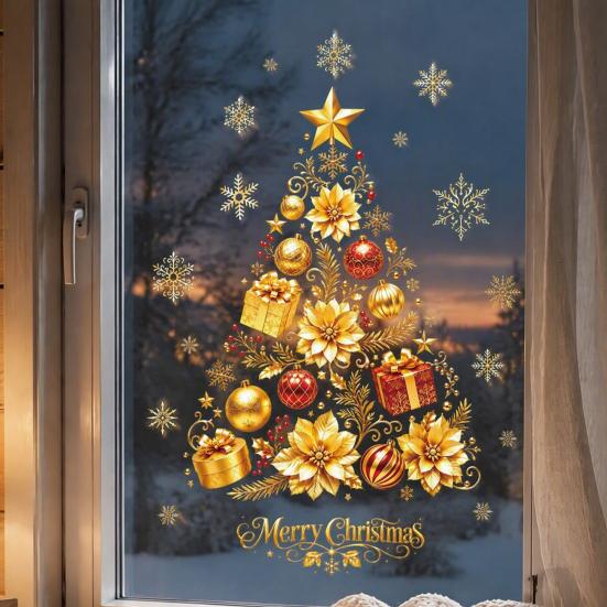 Luxury Holiday Party Decor 2 Sheets Gold Christmas Window Clings, Static Stick Tree Snowflake Shop Displays Bauble Glass Decals, No-Glue Removable