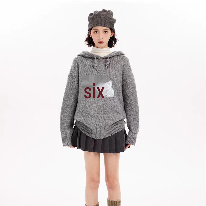 Women's Gray Merino Wool Puppy Hooded Knitted Sweater: Thickened Petite Inner/Outerwear for Autumn/Winter.