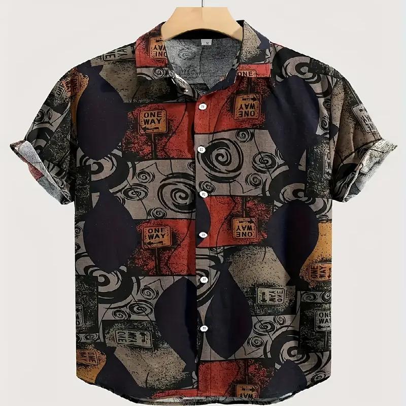 

Мужская повседневная рубашка на пуговицах с абстрактной геометрией и буквенным принтом, короткий рукав, модная, повседневная, летняя одежда, полиэстеровая ткань 5XL