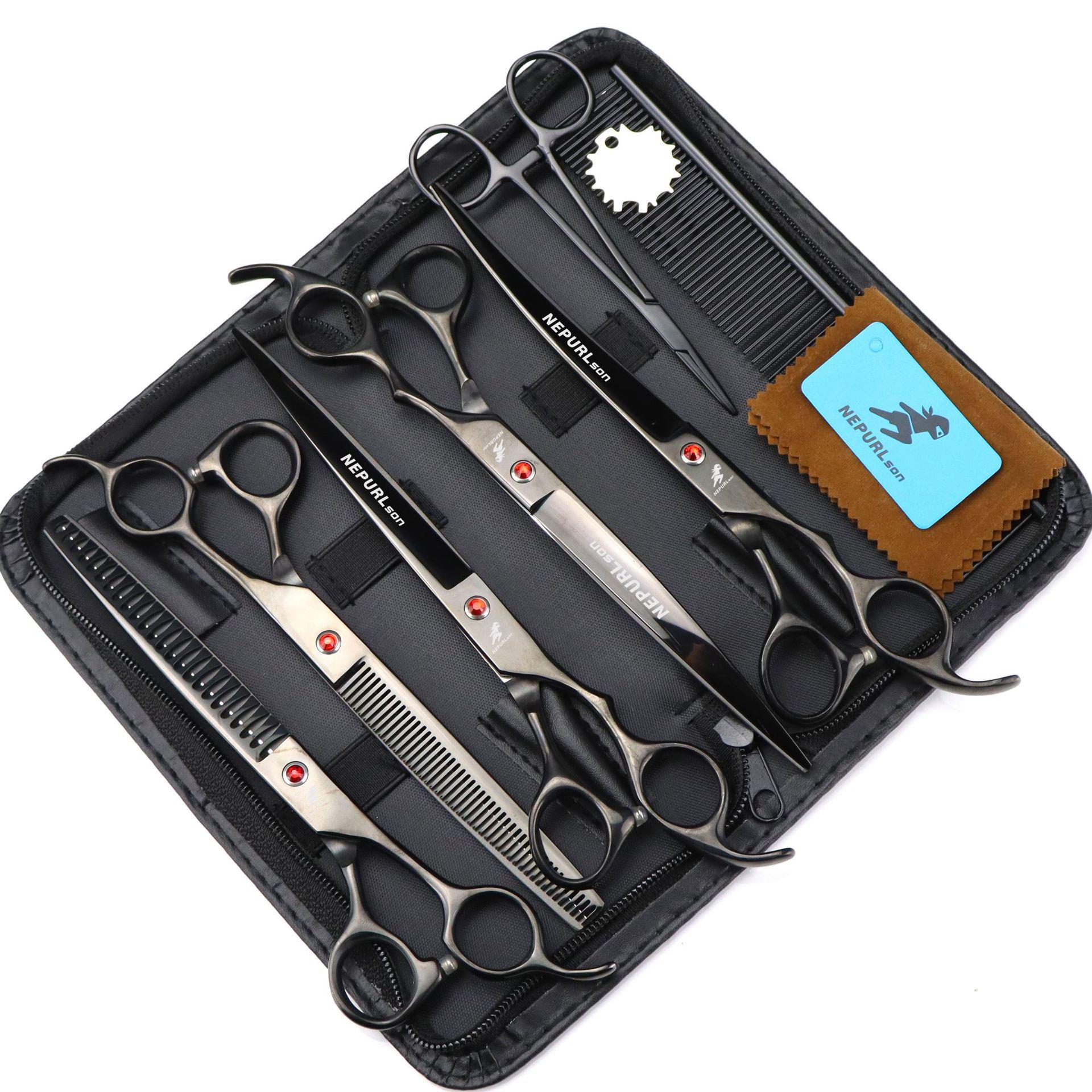 8 Napsen Black Pet Grooming Scissors Set - 5 Pieces: Straight & Curved Scissors