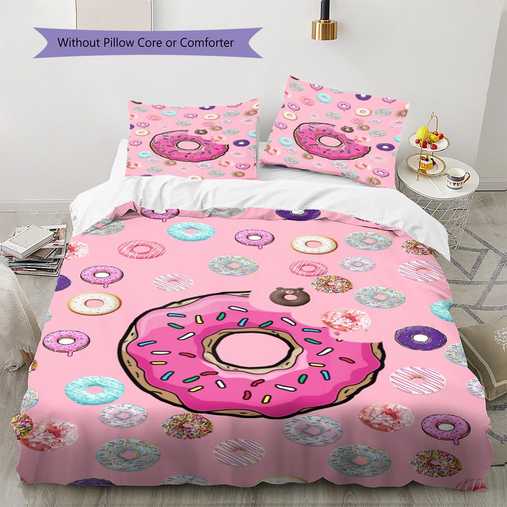 Pościel z wzorem kreskówkowych pączków Zestaw kołdry Poszewka na kołdrę Poszewka na poduszkę Dekoracja domu Prezent (1 * poszwa na kołdrę + 2 * poszewki na poduszki, bez rdzenia)