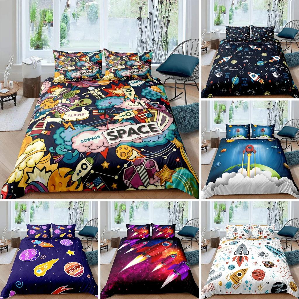 Rocket Duvet Cover Set King Size Spaceship Bedding Set Twin Microfiber Outer Space Galaxy Stars Planet Cartoon Style Quilt Cover