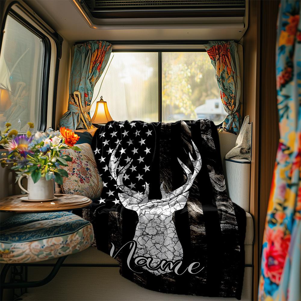 Deer Skull With American Flag And Camouflage Background Blanketcustomize Your Name Lightweight Comfortable And Stylish Blanket For Travel Bed Home