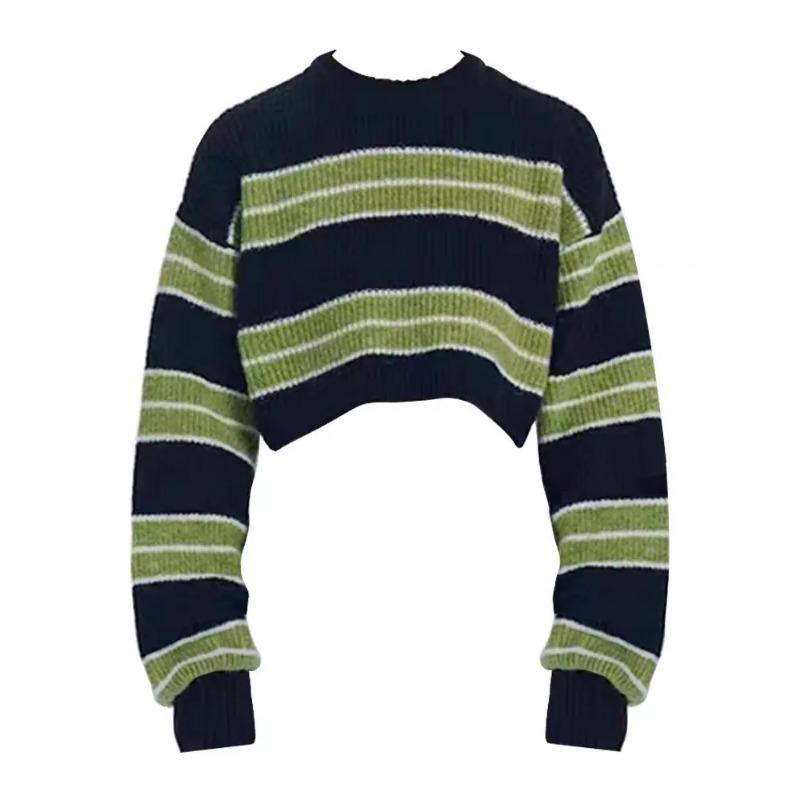 

Осень Y2k сексуальная девушка укороченный свитер женский тонкий свободный полосатый пуловер корейская мода Харадзюку уличная одежда винтажный джемпер фея XL зелёный