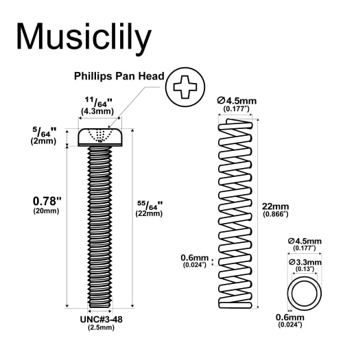 Musiclily Ultra UNC#3-48 X 0.78" (2.5x20mm) Humbucker Pickup Screw and Spring Set, Stainless Steel, Nickel, for Fender USA MIM Electric Guitars (Set O