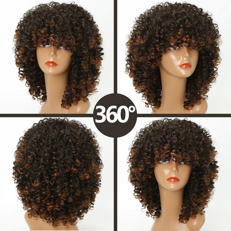 LISI HAIR Women's Short Afro Kinky Curly Wigs With Bangs Ombre Brown Synthetic Wig Black Daily Party Headgear with Clips