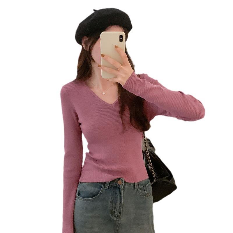 Korean pure desire solid color V-neck bottoming sweater for women in autumn and winter new style slim fit inner long-sleeved top