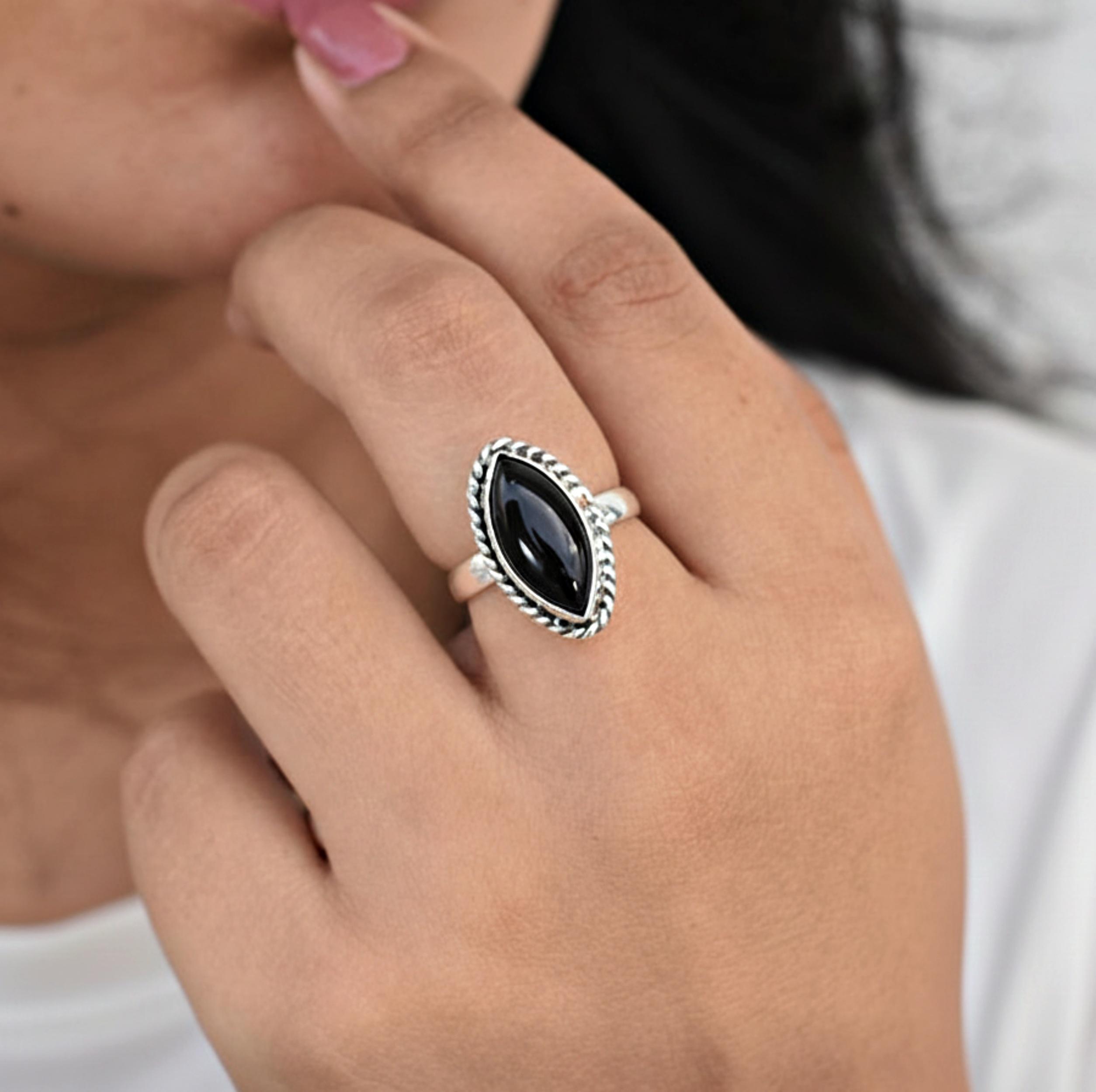Handcrafted Marquise Cut Black Onyx Ring, 925 Sterling Silver, Minimalist Statement Ring for Women 4