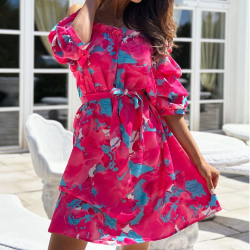 BITCED Women's Summer Simple One Shoulder Short Sleeve Printed Dresses