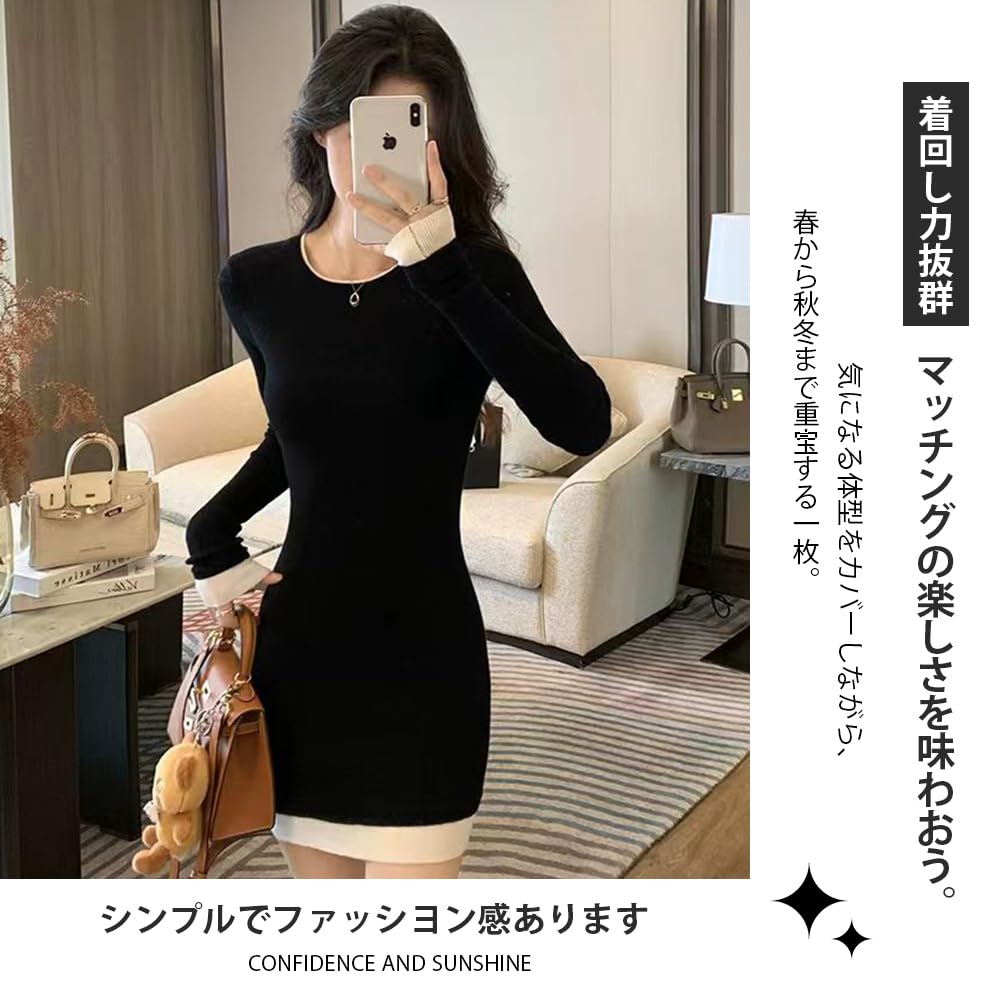 PHOLEEY Knit Long Mini Slim Polyester Women's Dress, Sleeve, Length, Fit, Black, 100%