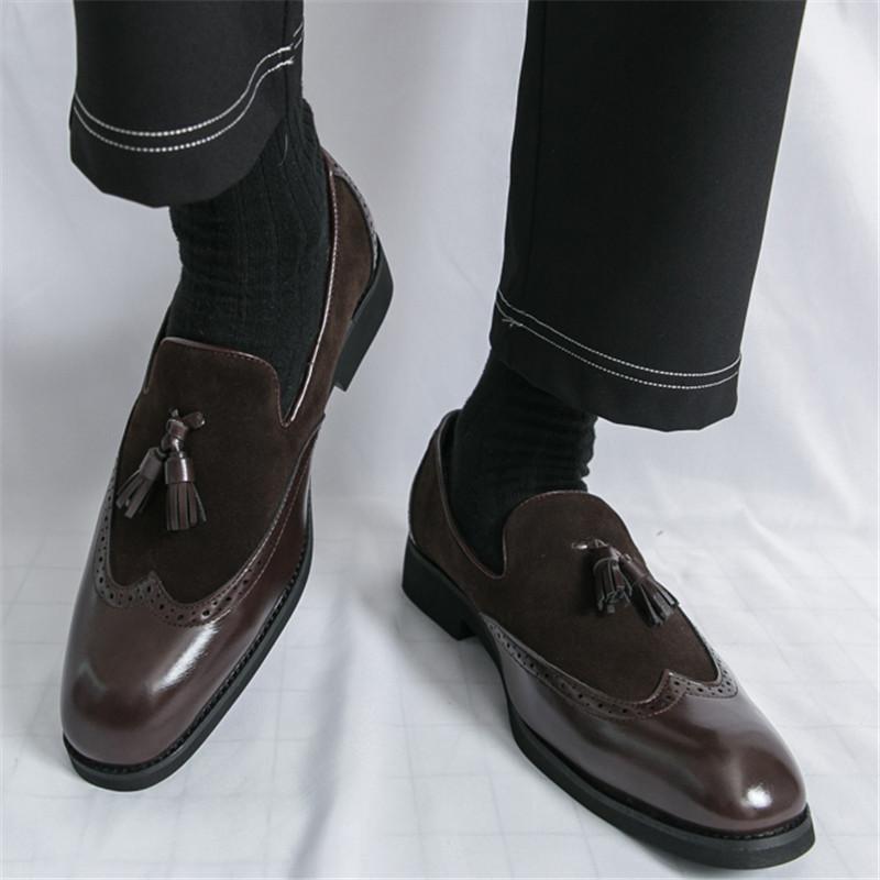 Designer New Men's Pointed Suede Leather Mixed Patchwork Wedding Dress Brogues Shoes Male Tassels Loafers Zapatos Hombre