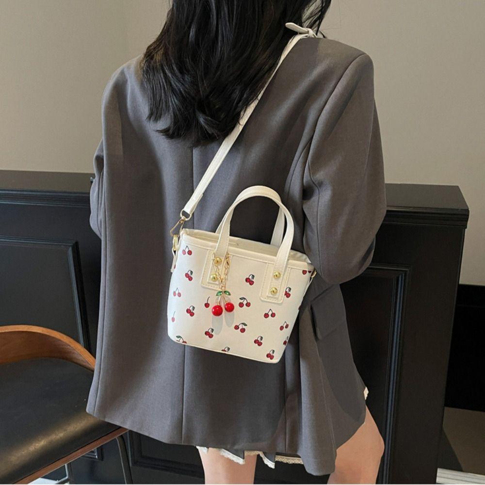 Korean Style Cherry Crossbody Bag Large Capacity Square Tote Bag Bucket Shoulder Bag Travel