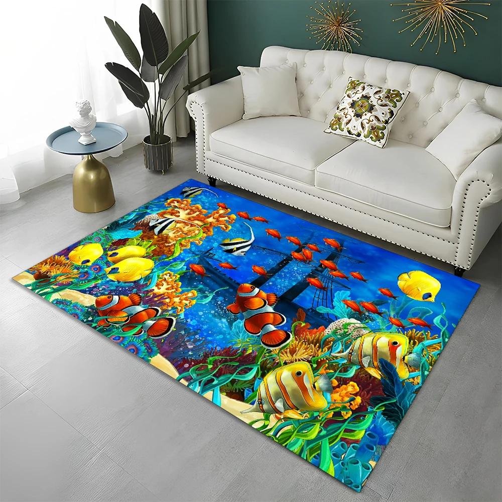 3D Underwater World Seabed Fish Carpet Rug for Home Living Room Bedroom Sofa Doormat Decor,kids Play Area Rug Non-slip Floor Mat