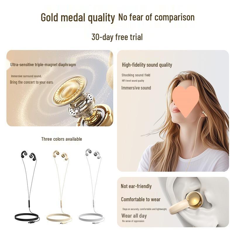 Bone Conduction Wired Earphones with Type-C and 3.5mm Connectors, Ear Clip Design, Wired Control Microphone, Ideal for Gaming
