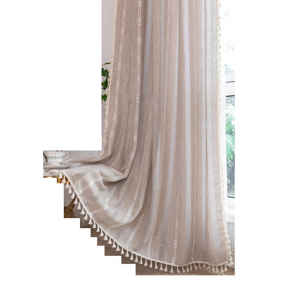 Gray Green Bohemian Curtains Bedroom Living Room Semi-Blackout Farmhouse Curtains Cotton And Linen Fringed Curtains