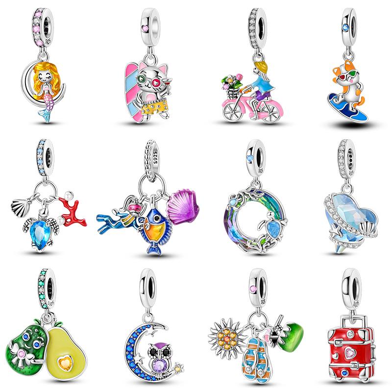 925 Silver Color Cute Vacation Cat Red Suitcase Moon Owl Charms Beads Fit Qikaola 925 Bracelets DIY Anniversary Jewelry