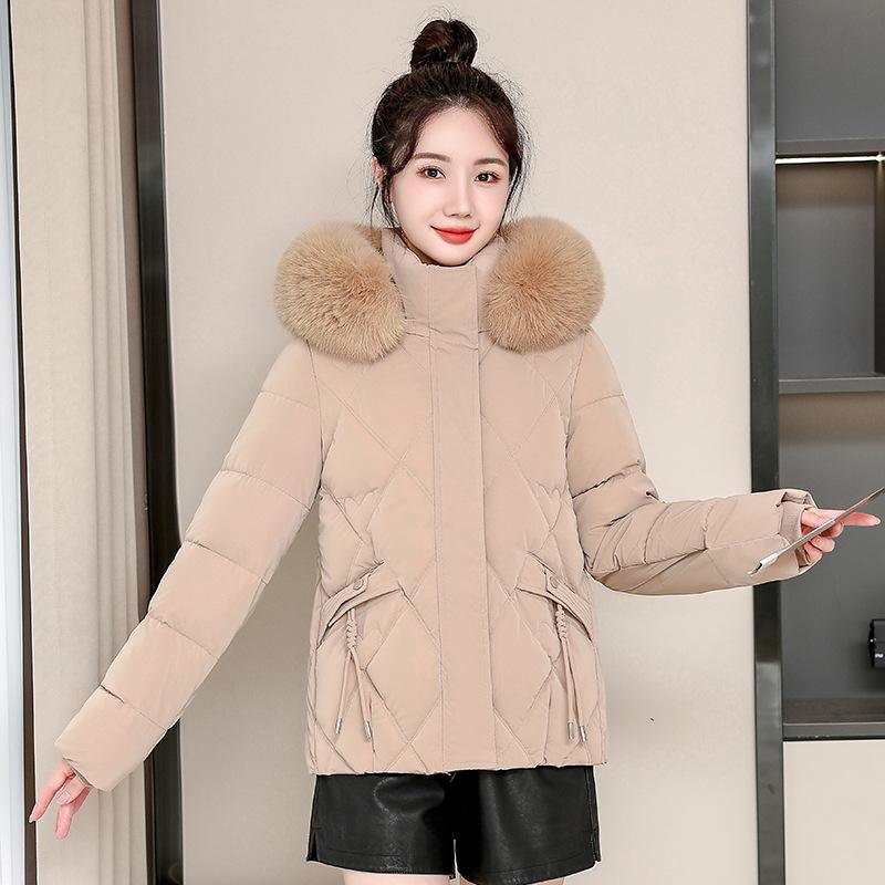 2025 Winter Wear New Down Cotton Jacket Slim Fit Hooded Big Fur Collar Student Cotton Jacket Women's Cropped Padded Jacket Thickened Jacket