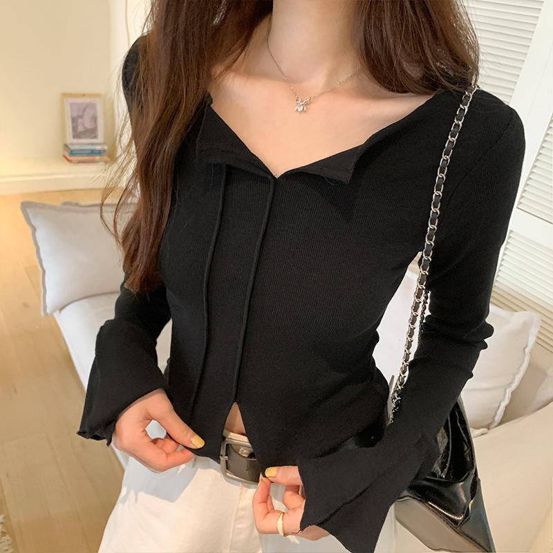 

Футболка Design Niche Black с V-образным вырезом и длинными рукавами на правом плече, женская осенняя новая узкая короткая рубашка-топ XL