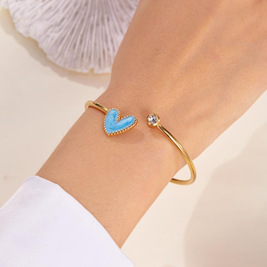 Stainless Steel Love Heart Shape Open Bracelet For Women Gold Plated Crystal Zircon Exquisite Open Bangle Waterproof Jewelry