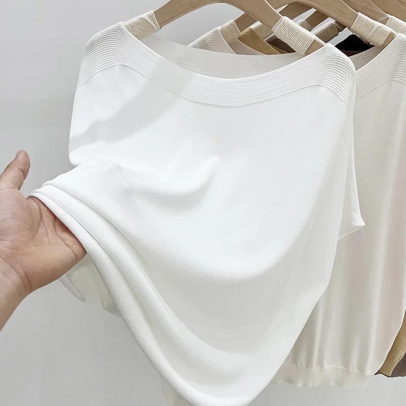 Summer Women's Loose Fit Slimming Solid Color Loose Tops Female Ice Silk Knitted T-shirt Ladies Short Sleeve Casual T Shirts
