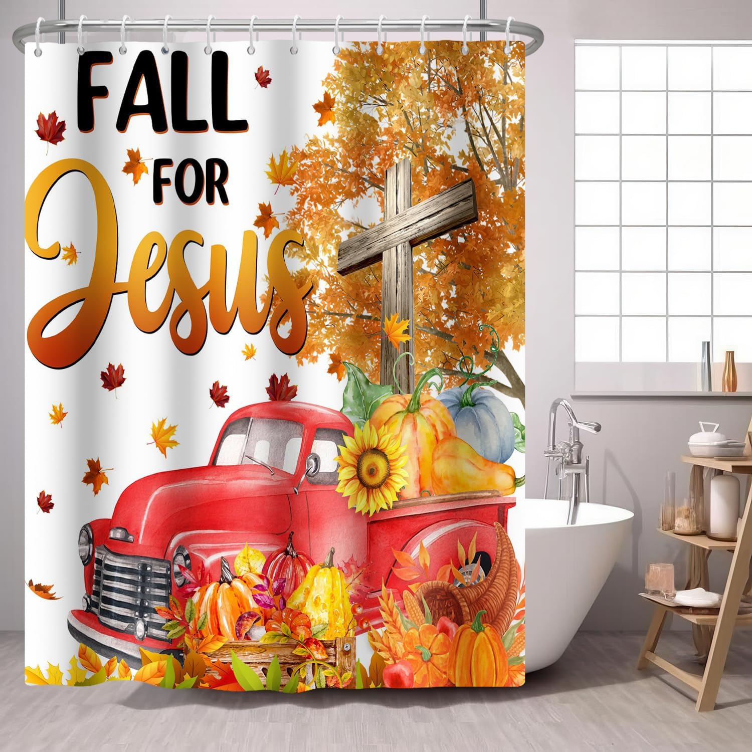

Autumn Truck Cross Shower Curtain Quotes Fall for Jesus Old Car with Pumpkin Maple Sunflower Fabric Shower Curtains Orange 90x180CM