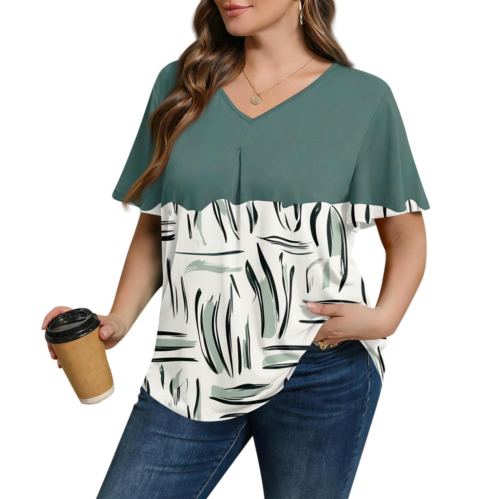 Women's Plus Size Fashionable Casual Loose-Fit Short Sleeve Elegant V Neck Blouse For Work
