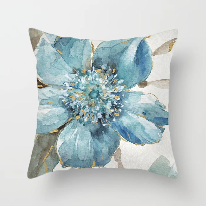 Blue flower and bird printed polyester square cushion cover for home living room sofa office decoration waist cushion pillowcase
