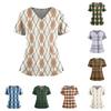 Women's Plaid Print V-Neck and Caregiver Top with Double Pockets and Split Hem Short Sleeves