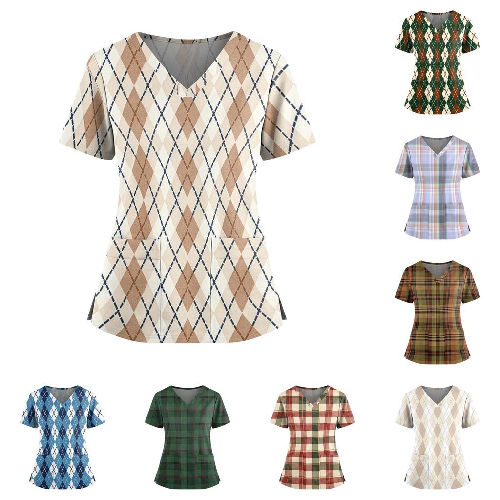 Women's Plaid Print V-Neck and Caregiver Top with Double Pockets and Split Hem Short Sleeves