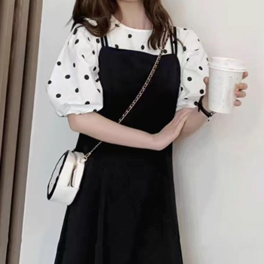 

A-line Suspenders Dresses Women Dot T shirt Dress All-match Two Piece Set Dress Spring Summer L чорний