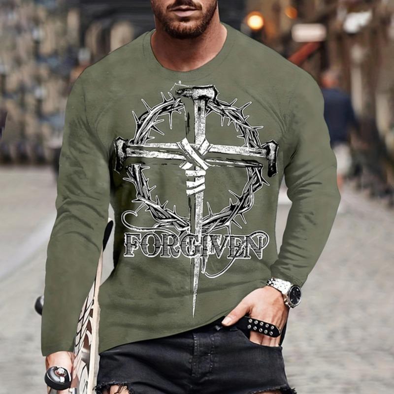 Mens T Shirt Autumn Long Sleeve Top Lion Pattern Clothing Casual O Neck Oversized Cross Print Pullover Autumn Mens T Shirt