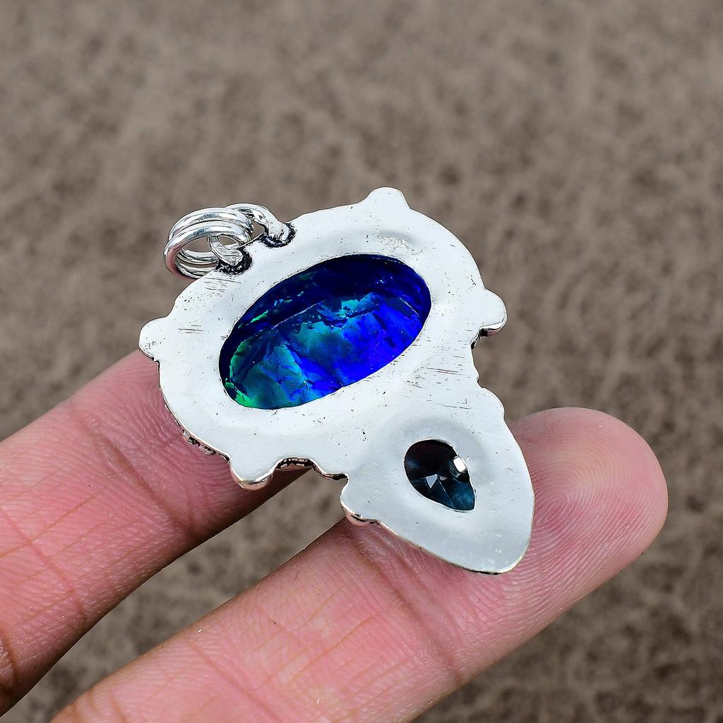 Blue Triplet Opal, Topaz Gemstone 925 Sterling Silver Jewelry Pendant 1.97" KKG-351