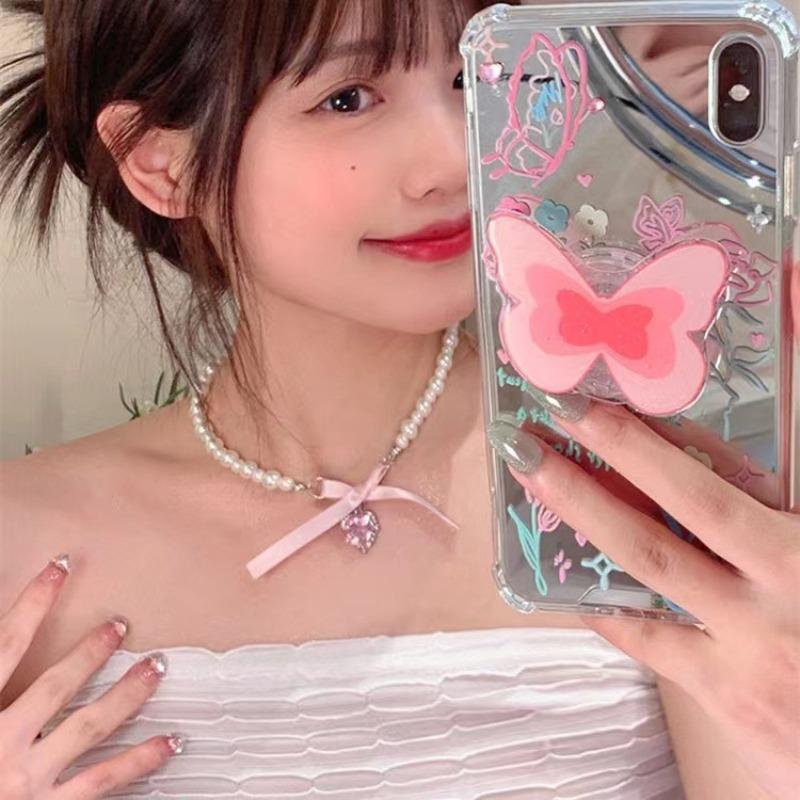Romantic Pink Love Bow Pearl Necklace Female Niche Design Sense Sweet Pure Desire Neck Chain Collarbone Chain