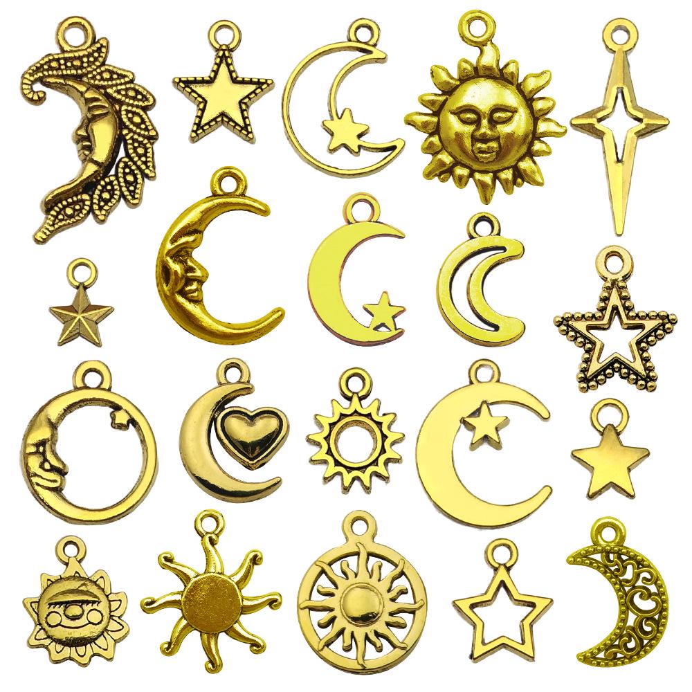 Handmade Antique Gold Sun, Moon & Star Charms for DIY Jewelry – Bracelets, Necklaces, Earrings (Set of 5 Colors)