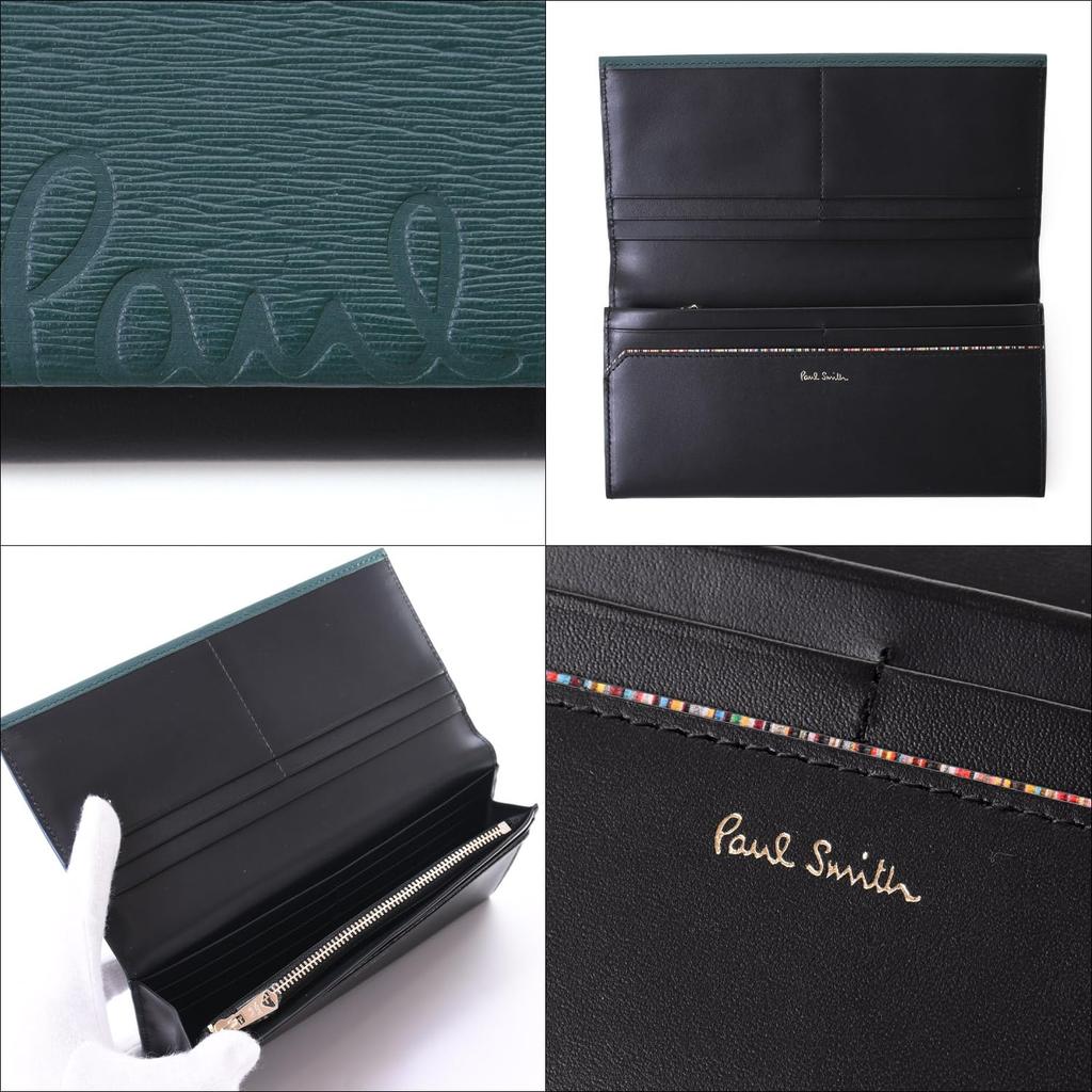 Paul Smith Cropped Logo Leather Long Wallet Set Dark with Original Storage Care and Shopping Bag 553408 Men's (No Personalization, Green) Box, Cloth,
