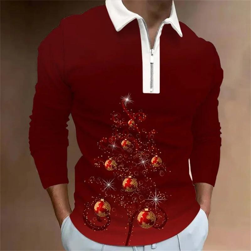 Men Fashion Spring Autumn Polyester Zippo Polo Shirt  Christmas 3D Digital Print Casual Polo Shirt Tops