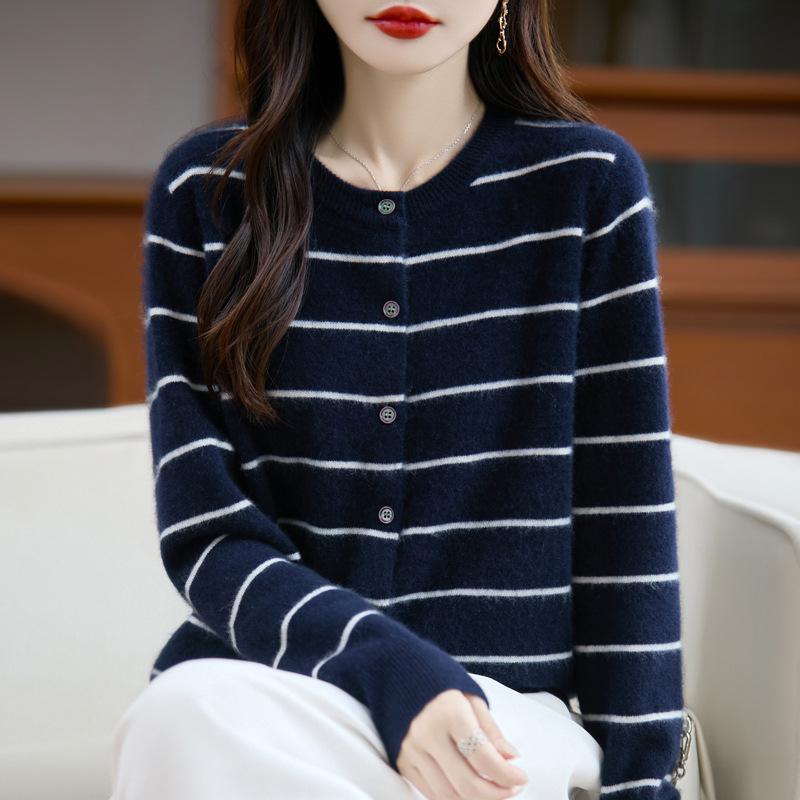 100% Pure Wool Women's Color Block Striped Buttoned Cardigan for 2025 Autumn/Winter