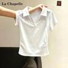 La Chapelle Women's Slim Fit Polo Neck Pleated Short Sleeve Top