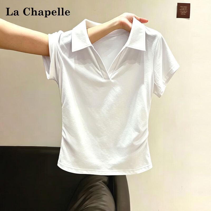 La Chapelle Women's Slim Fit Polo Neck Pleated Short Sleeve Top