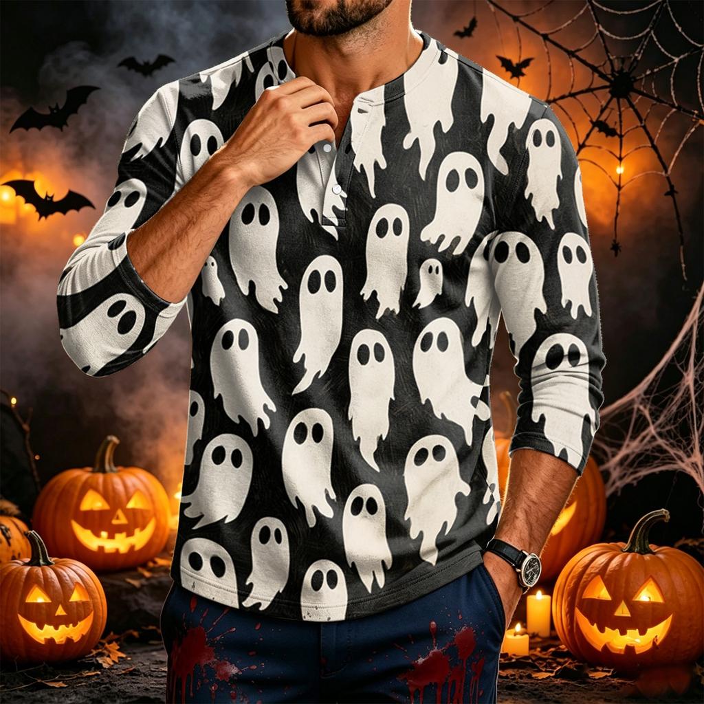 Men's Long Sleeve Shirt with Halloween Print for Festive Parties