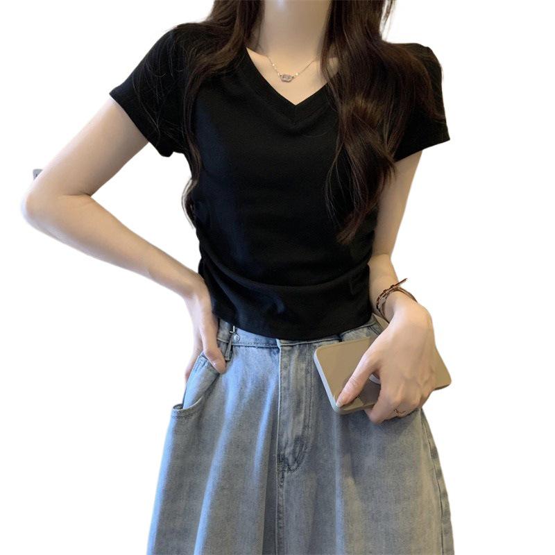 Damen V-Ausschnitt Gerafftes Kurzarm Schlankmachendes Oberteil