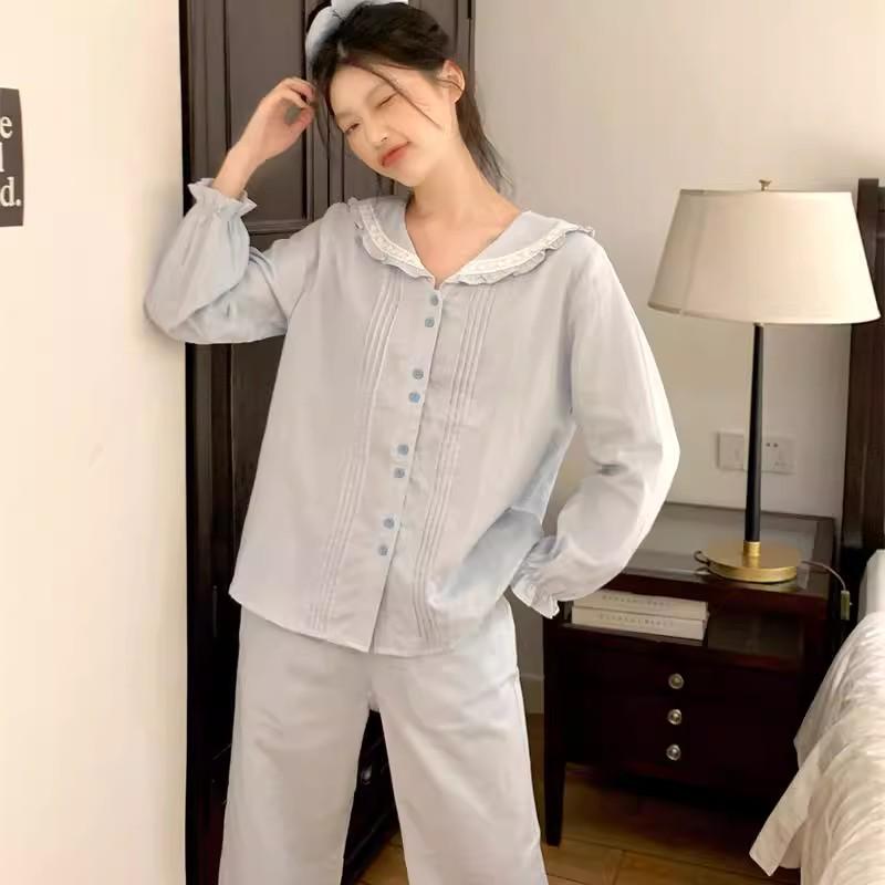 Spring & Autumn Navy-Style Collar Soft Cotton Pajama Set with Lace