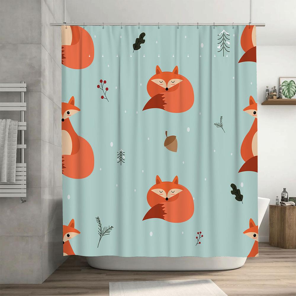 Brighten Your Bath With This Adorable Fox Shower Curtain Set Blue Floral Print Fabric Waterproof Bathroom Decor 2 Panels + Rod P