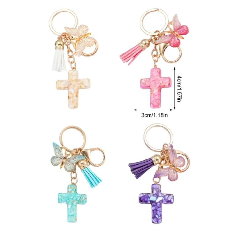 Christian Resins Crosses and Butterfly Keychain with Tassels for Daily Key Organization and Backpack Bag Decoration