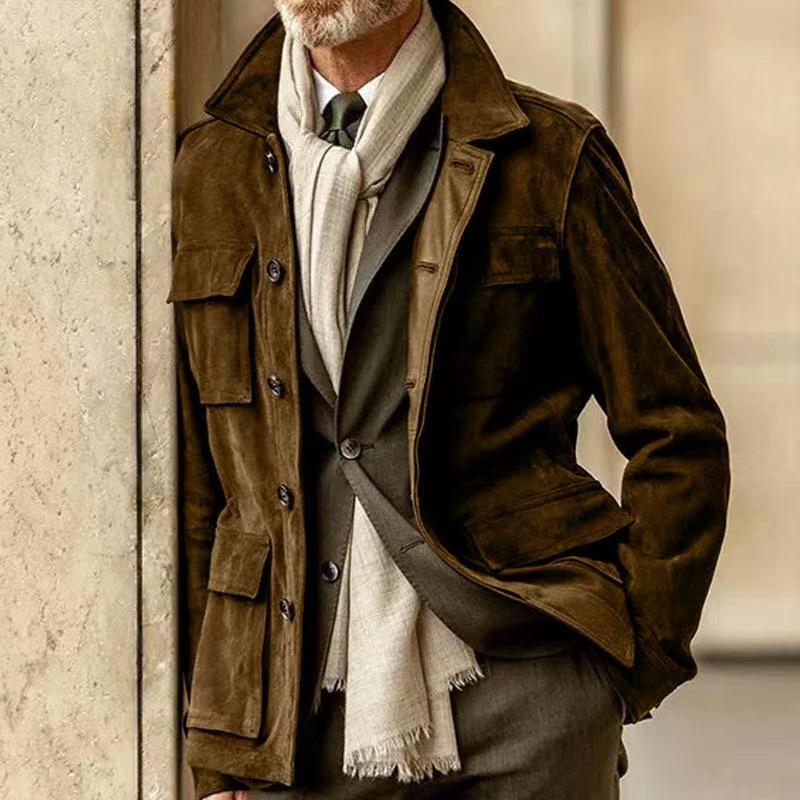 Europäischer und amerikanischer Frühling und Herbst Passform Herrenbekleidung Rindsleder Samt Freizeitjacke Trenchcoat Mehrfach-Taschen