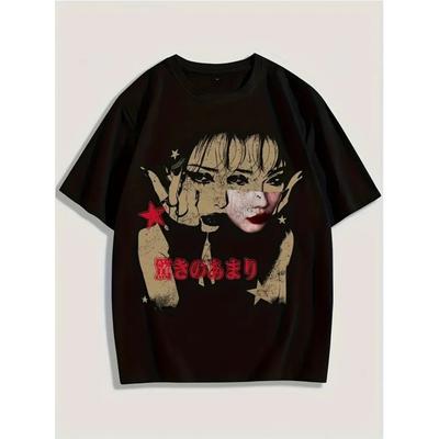 Taglie europee T-shirt casual da uomo con stampa grafica - T-shirt estiva nera a maniche corte con girocollo e design con stelle artistiche e volto adatta