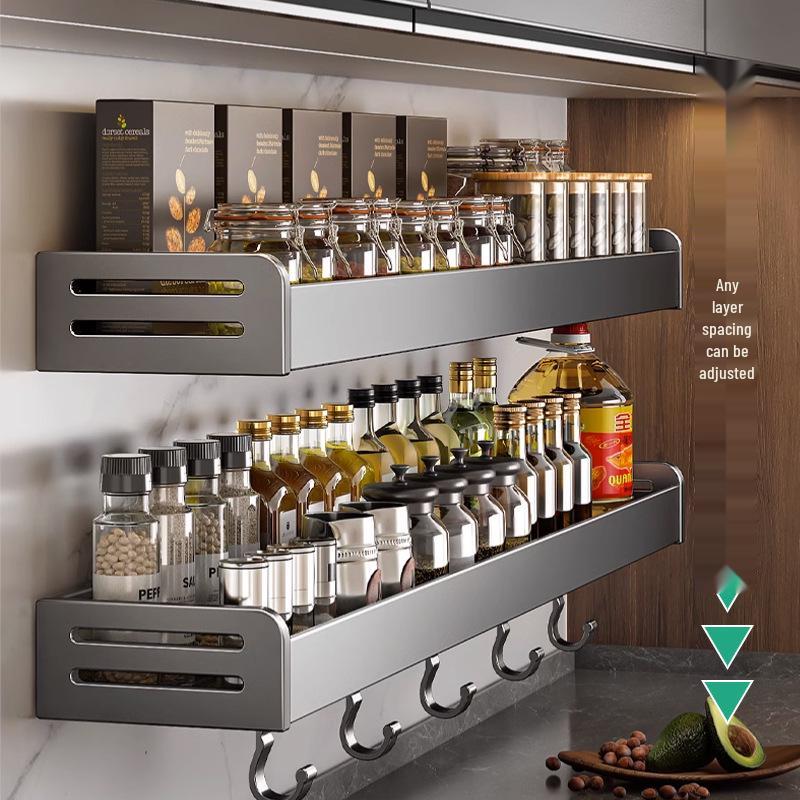 Gunmetal Wall-Mounted Kitchen Rack: No-Drill Seasoning, Knife Holder & Multifunctional Storage